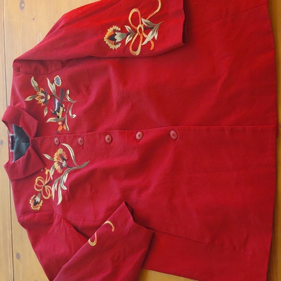 Victor Costa Jackets & Blazers - Vtg Victor Costa Red Embroidered Long Blazer 2XL